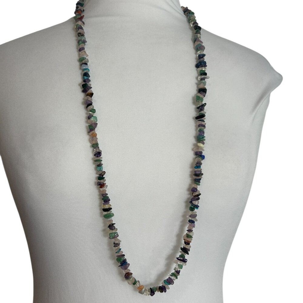 Multi Stone Chip Chippy Necklace Long Strand Semi Precious Gemstones Multi Color